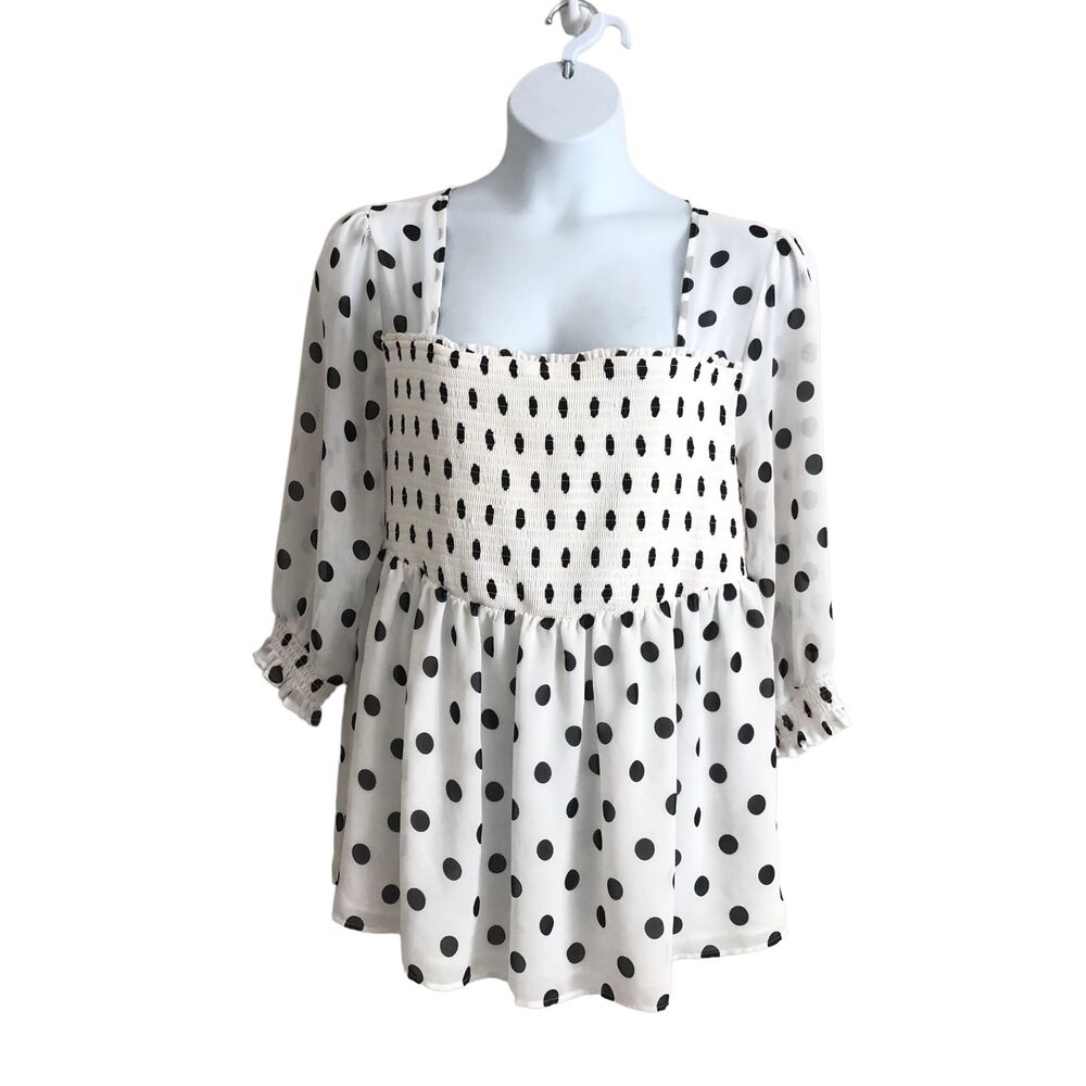 Torrid Women's Tunic Blouse Plus 2X Polka Dot White Black Chiffon Smocked Lined